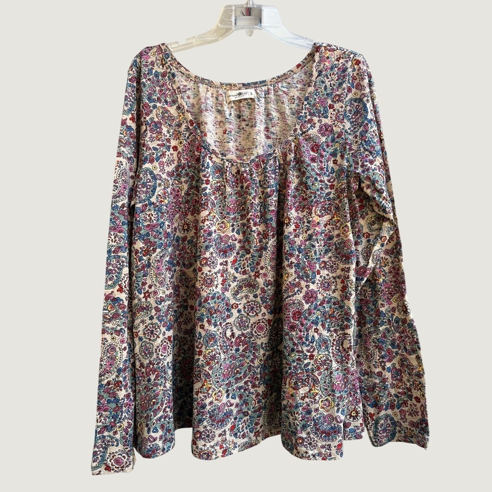 NATURAL LIFE Multicolor Floral Scoop-Neck Long Sleeve Top L Boho Peasant NWOT